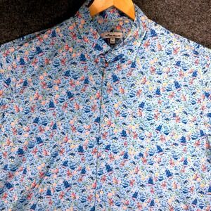 Peter Millar Pirate Rum Print Button Down Shirt Mens XL Blue Short Sleeve Cotton